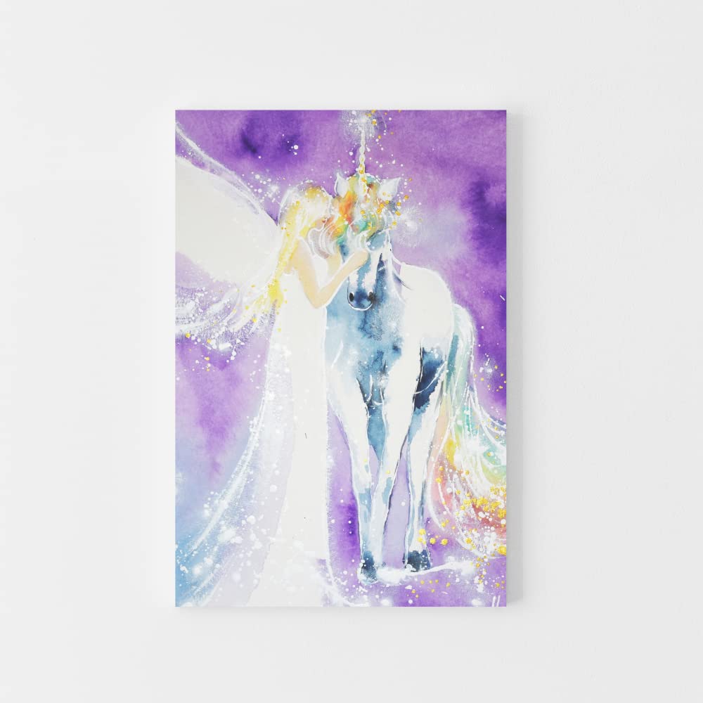 Image murale ange avec licorne : « Magie unie » en violet et blanc avec ange magique, images mystiques, décoration murale (40 x 60 cm)