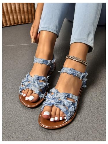 Floerns Women's Criss Cross Denim Sandals Strappy Flat Sandals with Ankle Straps2
