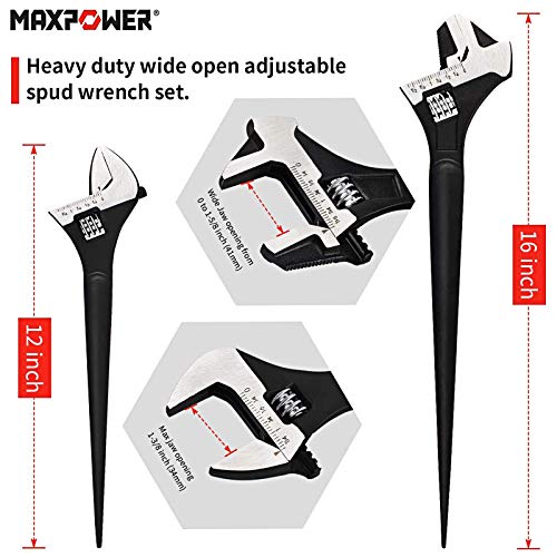 MAXPOWER Heavy Duty Wide Open Adjustable Wrench Set. 2 Piece Kitbag Set. 12-Inch Adjustable Spud Wrench, 16-Inch Reversible Jaw Adjustable Spud Wrench with Hammer Head and Pipe Wrench Function