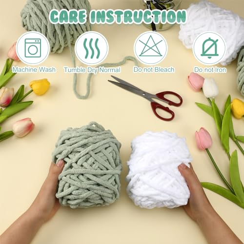 Image of Buryeah 8 Pack Chunky Chenille Yarn for Crocheting Soft Thick Fluffy Yarn for Hand Knitting Bulky Velvet Blanket Plush for Weaving DIY Crafts Each 3.5 oz 55 Yards (White,Green)