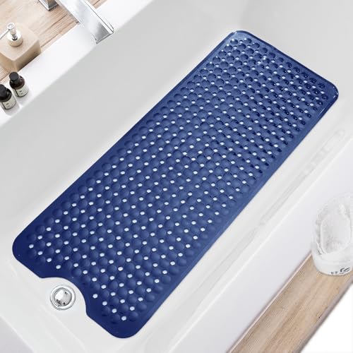 TEESHLY Bath Tub and Shower Mats, Non Slip 40 x 16 Inch Extra Large Bathtub Mat, Machine Washable Bathmat with Drain Holes, Suction Cups for Bathroom Floor (Navy Blue)