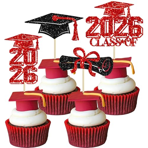 Gyufise 36Pcs 2026 Graduation Theme Cupcake Toppers Glitter Class of 2026 Graduation Cap Diploma Cupcake Picks Party Cake Decorations Supplies Red