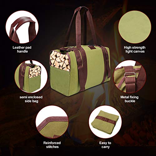 RIVECO Firewood Carrier Canvas Log Tote Bag Fireplace Holders Indoor Woodpile Rack Fire Wood Carrying Outdoor Tubular Birch-Wood Tools Campfire Basket Green - Thumbnail 6