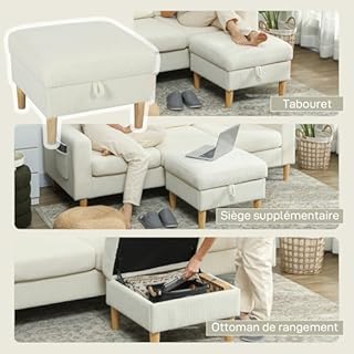 HOMCOM Canapé 3 Places avec Repose-Pieds, canapé en Velours côtelé 192 cm, Design Moderne, Tabouret de Rangement, Coussins à Ressorts, Assise et Dossier rembourrés, pour Salon, Chambre, Bureau, Beige