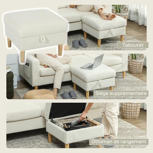 HOMCOM Canapé 3 Places avec Repose-Pieds, canapé en Velours côtelé 192 cm, Design Moderne, Tabouret de Rangement, Coussins à Ressorts, Assise et Dossier rembourrés, pour Salon, Chambre, Bureau, Beige – Image 5