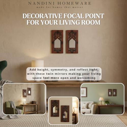 Image of Handcrafted Traditional MDF Wooden Floral Mirror Jharokha Wall Art | Boho Vintage Style Decorative Wall Hanging Set of 2 | for Living Room & Home Interiors (Brown Floral Set of 2)