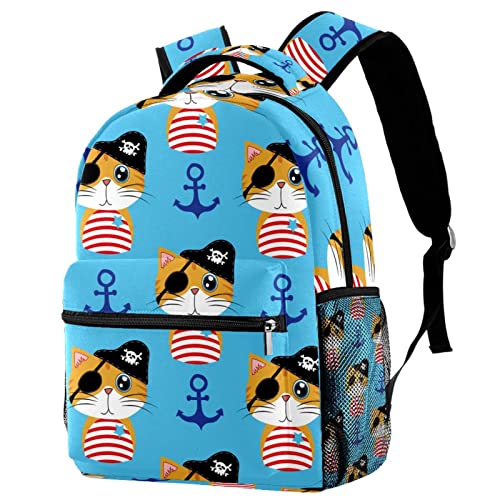 Sac à dos voyage filles garçons avec porte-bouteille intégré motif chat pirate bleu