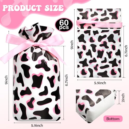 Bulyoou 60 Pcs Cow Favor Bags Pink Cow Print Treat Candy Bags Plastic Drawstring Gift Goodie Wrapping Package Reusable Pink Cowgirl Party Favors for Cowboy Birthday Baby Shower Rodeo Party Supplies by Bulyoou - Image 2