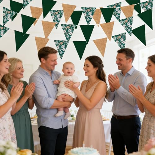 Image of Zwiebeco 39Ft Dark Green Floral Fabric Pennant Banner Vintage Burlap Triangle Flag Retro Flower Bunting Party Decoration for Birthday Engagement Wedding Bridal Baby Shower Rustic Village Garden Decor