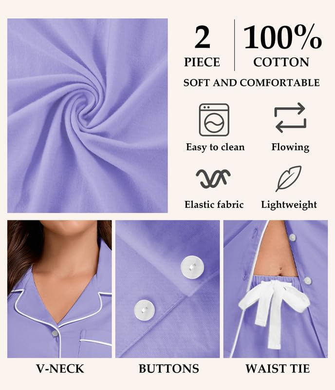 Image of CF 100% Cotton Pajamas for Women Set 2 Piece Short Sleeve Tops and Long Pants Comfy Well-Fitted Loungewear Set Pj Sets