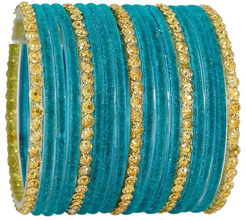 Image of NMII Premium Glass & Golden Beads Velvet Bangle Set For Women and Girls | Velvet Chudi | Traditional Chudi Set | Designer Girl's Bangles Bracelet | Wedding, Party, Festive, Daily- Set of 34