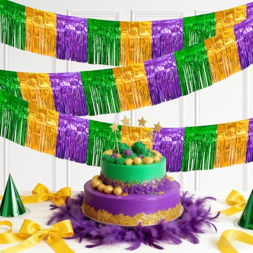 Image of 4 Packs 10 Feet Long Foil Fringe Mardi Gras Garland Green Gold Purple Tinsel Metallic Streamers Wall Hanging Birthday Backdrop Banner for Carnaval Car Parade Floats Streamer Decorations