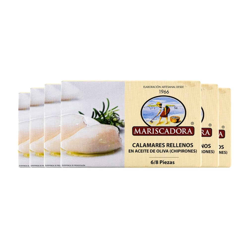 Pack 6x Calamares Rellenos Mariscadora 110 g – Chipirones en Aceite de Oliva | 6‑8 Piezas Gourmet | Conserva Artesanal Gallega | Sin Aditivos