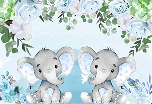 FiVan Baby Shower Background Twins Boy Girl Party Gift Baby Elephant Dessert Table Backdrop Watercolor Blue Floral W-1541-2 (6x5ft(200x150cm), Twins boy)