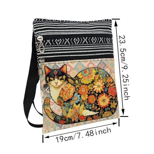 Patchwork Floral Cat Messenger Bag Small Ethnic Pattern Printed Adjustable Strap Crossbody Zipper Bag Patchwork Floral Cat Phone Bag Wallet Cute Shoulder Handbag for Women Friends -32