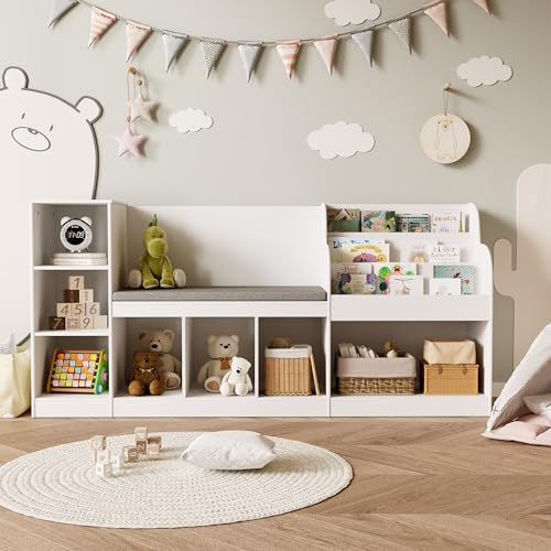 Gizoon Kids Bookshelf with Bench Toy Storage Organizer with Seat Cushion