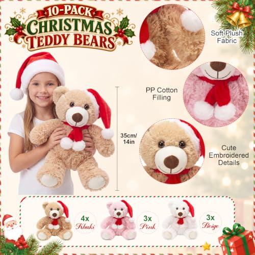 Skylety 10 Pieces Christmas Bears Soft Plush Toy, Khaki, Pink, Beige - Image 3