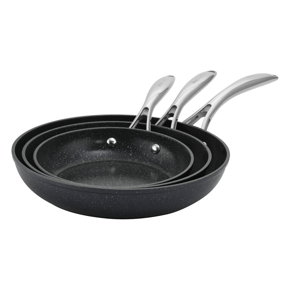 ProCook Professional Granite Frying Pan Set - 3 Piece, 20/24/28 cm, Durable Non Stick Pots - Black, Induction Compatible Cooking Pans