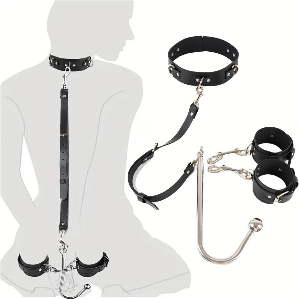Set Bondage con Plug para Juegos de rol Set Bondage con Collar de Esposas Ajustable, Incluye Gancho Anal y Esposas con Cadena de tracción
