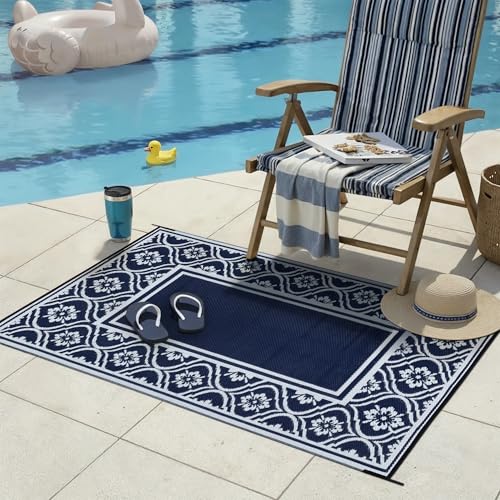 Outdoor Teppich Wetterfest, 120x180cm Blau Wendbarer Balkon Camping Teppich Leichtgewicht Picknickdecke Kunststoff Terrasse Matte UV-beständige Wasse