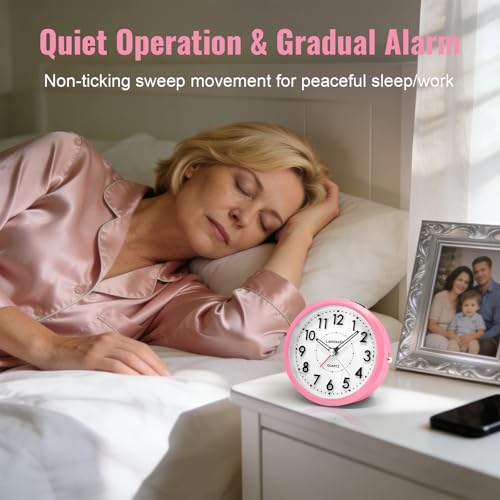 Image of Lamisola 4 Inch Alarm Clock for Bedrooms, Small Analog Desk Clock, Pink | Battery Operated Bedside Clock for Bedroom Bathroom Home Nightstand Shelf, Night Light Snooze, Minimalist Clocks for Seniors