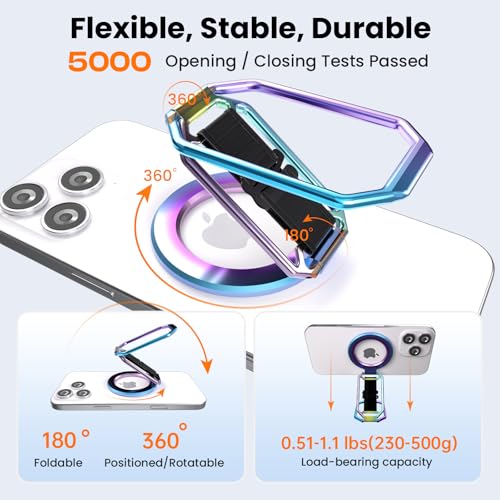 Image of Multi-Functional Magnetic Phone Grip Kickstand for MagSafe, Phone Holder for Hand, Foldable Ring Stand with Finger Loop Strap for Bedtime Scrolling & On-the-Go, Wireless Charging Compatible, Rainbow
