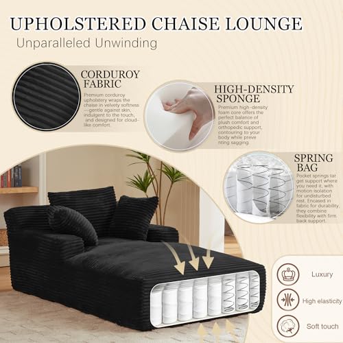 Image of 80 Inch Chaise Lounge Chair Indoor, Oversized Corduroy Upholstered Boneless Sofa Bed, Deep Seat Sleeper Couch Reading Chairs, Cloud Sofas Couches for Living Room, No Assembly Required (Black)