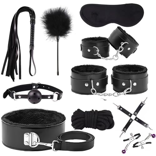 10 PCS Sex Bondage BDSM Kits Restraints Fetish Handcuffs Ankle Cuff Collar Blindfold Whip Rope Nipple Clamps Paddle Ball Gag Adult Games Foreplay Sexy Toys for Couples (Black)