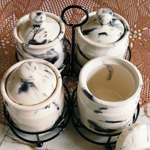 Image of Niyara Handcrafted Ceramic Pickle Jar Set, Premium Metal Tray, Spoons & Lids - Multipurpose Storage for Pickles, Chutneys, Spices & Condiments (Set of 4, 300ML /Each) (White Marble design)