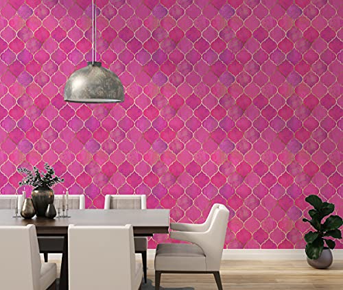 Image of DWELLSINDIA Dark Pink Moroccan Floral Tile Wallpaper for Home Decoration | Self Adhesive Peel & Stick, Thick Textured Premium Paper | Waterproof, Scratch Resistant | Bedroom & Living Room | 41x244 cm