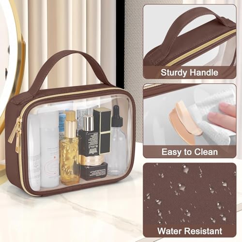 Image of Wedama Clear Toiletry Bag, 2 Pack Clear Makeup Bags with Handles, Large Travel Bags PVC Cosmetic Bag for Women and Men, Carry on Airport Airline Compliant Bag, Brown