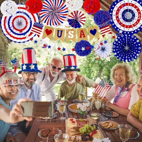 Image of 26Pcs Patriotic Decorations - Red, White & Blue USA Flag Party Pack for Fourth of July, Includes Paper Fans, Pom Poms, Hanging Swirls, Banner & Star Streamer