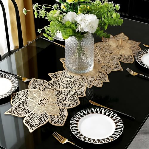 FAVE Or Chemin de Table 90 cm Résistant à la Chaleur Fleur Vinyle Imperméable Lavable Mariage Banquet Anniversaire Fête Restaurant
