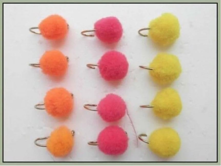12 BARBLESS Chenille Egg Trout Flies - Pink, Orange & Yellow, choice of sizes (Mixed)