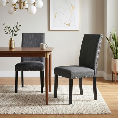 Image of Roundhill Furniture Biony Gray Fabric Dining Chairs with Nailhead Trim, Pack of 2