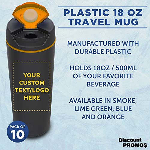 Custom Double Wall Plastic Travel Mugs 18 Oz. Set Of 10, Personalized Bulk Pack - Perfect For Coffee, Soda, Other Hot & Cold Beverages - Black Orange #TOP2
