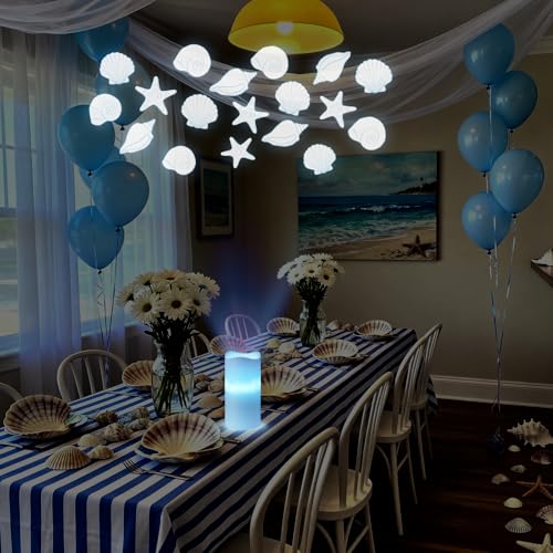 Image of Coastal Ocean Flameless Candle Projector Light Decor Summer Seashell LED Candle Battery Operated Night Light with Remote Timer for Wedding Seaside Beach Coastal Bachelorette Birthday Room Decoration