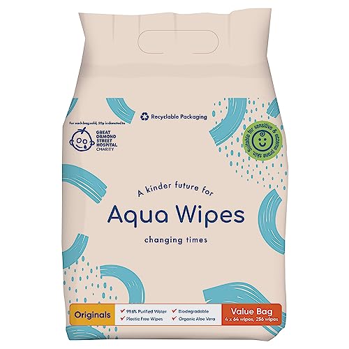 Aqua Wipes Originals Baby Wipes - Toallitas veganas, sensibles, biodegradables con 99,3% de agua, adecuadas para recién nacidos (Bolsa de 4 x 64 paquetes de toallitas)