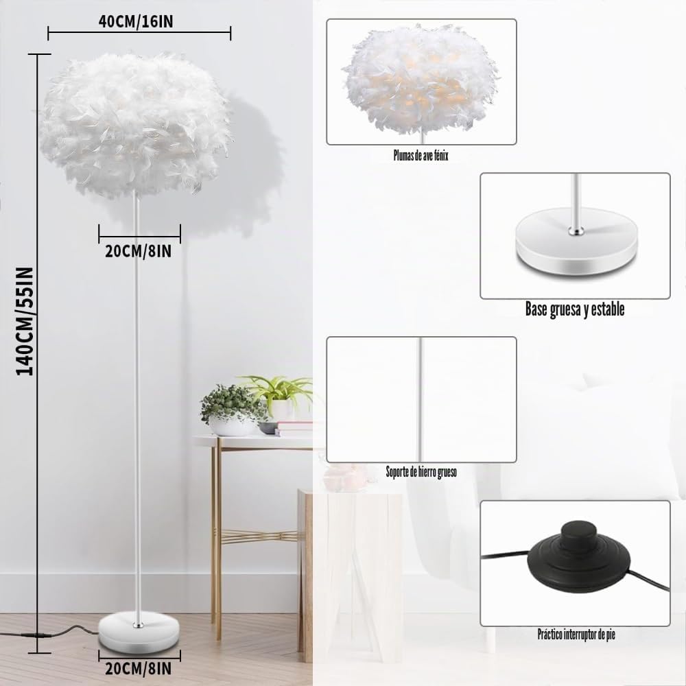 XINYASEE Lampara de Pie Salon 140CM, Lámpara de Pie con Interruptor de Pedal, Lámparas de Pie con Pantalla de Plumas para Dormitorio Salon Oficina Blanco