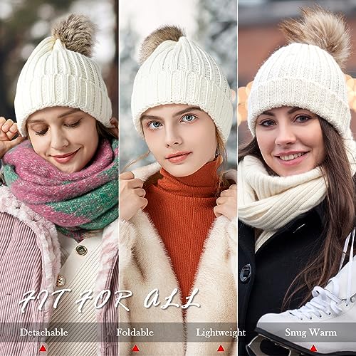 Image of Winter Hats for Women - Beanies Women Winter Hat with Faux Fur Pom Warm Knit Skull Cap Thick Beanie Hat White