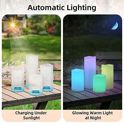 Nomfix Colored Solar Powered Candles Outdoor Waterproof, 3"X4"/5"/6"/8" Color Changing Solar Led Candle Lights, Dusk To Dawn Timer, Solar Pathway Lights For Backyard Porch Balcony Party Decor- 4 Pack #TOP4