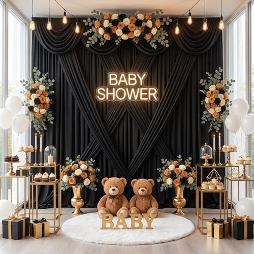 Image of Black Backdrop Curtains 30ft x 10ft: Polyester Photo Backdrop Drapes - 6 Panels 5x10ft for Halloween Party Stage Birthday Background Decoration