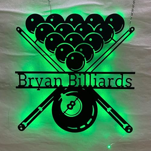 Personalized Billiards Wall Art with LED Light – Custom Snooker or Pool Player Name Metal Sign