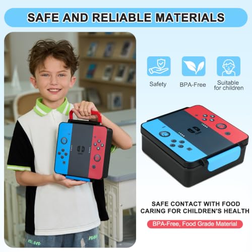 Image of Gamer Bento Lunch Box for Kids, 60 OZ Kids Lunch Box with 8 OZ Leakproof Stainless Steel Insulated Food Jar, 3-4 Compartments Bento Box for School, Includes Sauce Cup & Divider (Blue-Red-A2)