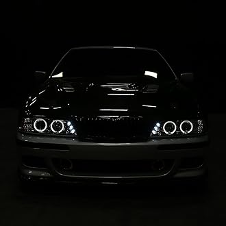 SPEC-D TUNING Chrome LED Dual Angel Eyes Projector Headlights Compatible with 1996-2003 BMW E39 5-Series Models Without OE Xenon Headlights, Left + Right Pair Headlamps Assembly