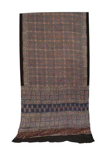 Image of Ethnics of Kutch Womenss Ajrakh Modal Silk Natural Dye Hand Block Print Saree with Blouse Piece - 5.5 Mtr Length