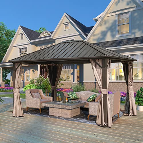 Domi Hardtop Gazebo 10' X 12', Permanent Outdoor Galvanized Steel Roof Gazebo With Aluminum Frame, Pavilion Metal Gazebos With Netting & Curtains For Garden, Patios, Lawns, Parties(Dark Brown) #TOP30