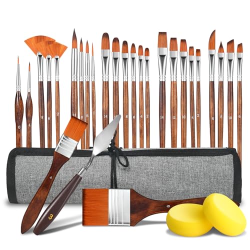 29 pcs Paint Brush Set,GETHPEN Acrylic Paint Brushes,Artist Series with Wide Flat,Round, Filbert, Flat, Fan,Angle,Dagger,Cat Tongue,Detail Brush,Rigger for Oil,Acrylic Canvas Paintings,Face Painting