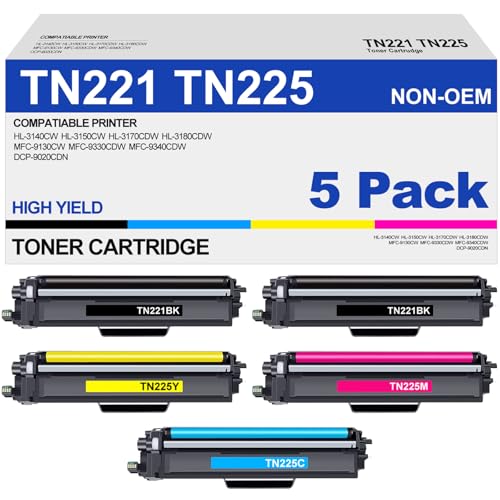 Image of TN221 TN225 Toner Cartridge High Yield Replacement for Brother TN 221 TN 225 Compatible with MFC-9130CW HL-3170CDW HL-3140CW HL-3180CDW MFC-9330CDW (2 Black, 1 Cyan, 1 Magenta, 1 Yellow, 5 Pack)