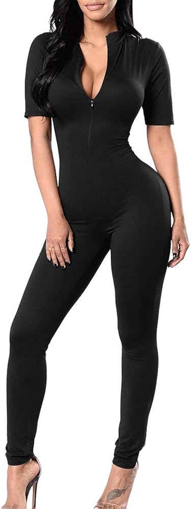 Black zip up jumpsuit short sleeve Clearance